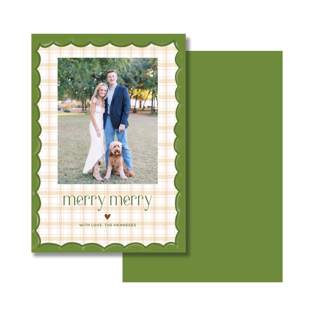 Merry Merry Scallop & Gingham Christmas Card - Vertical - GREEN/TAN