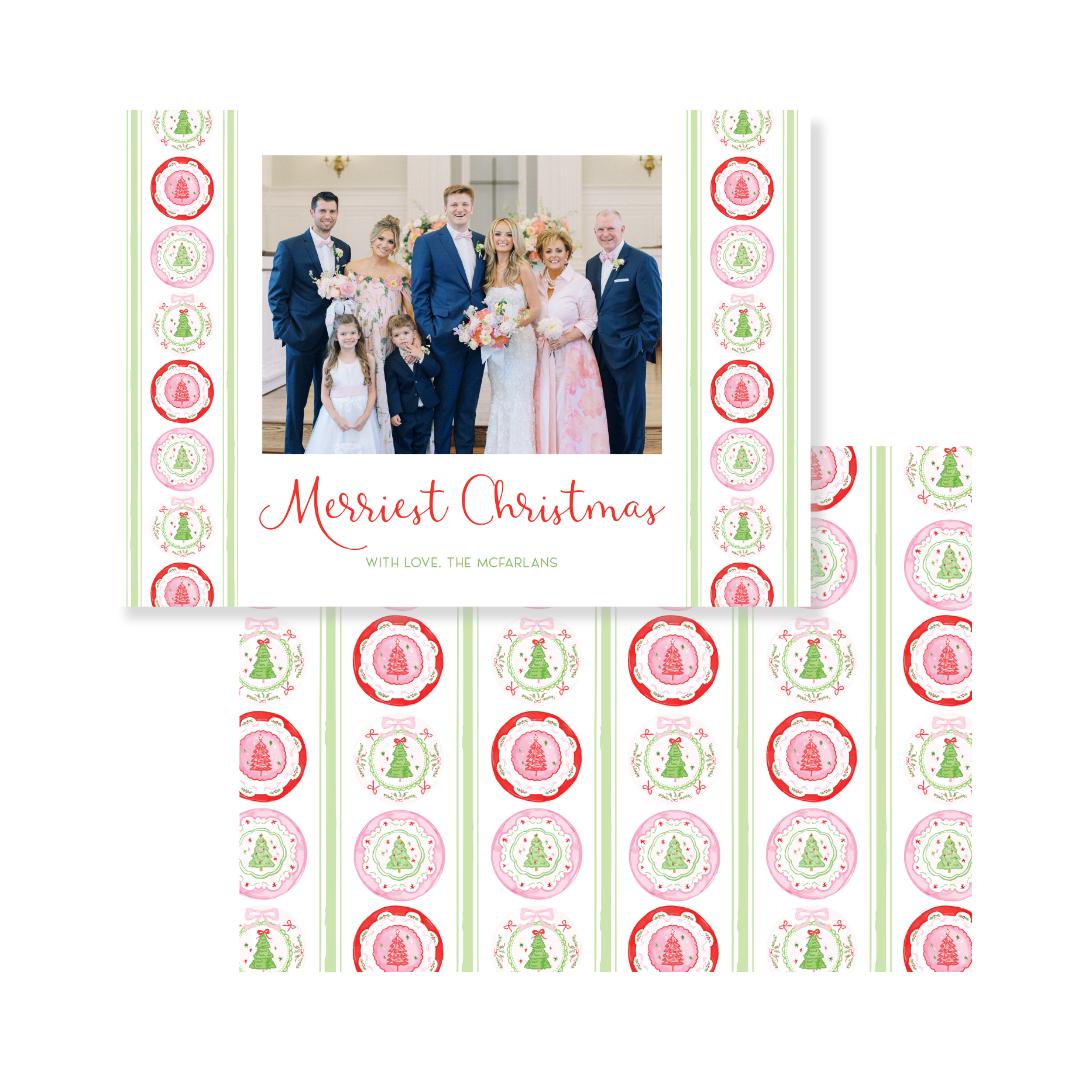 Pink & Green Christmas Plates Christmas Card - Horizontal