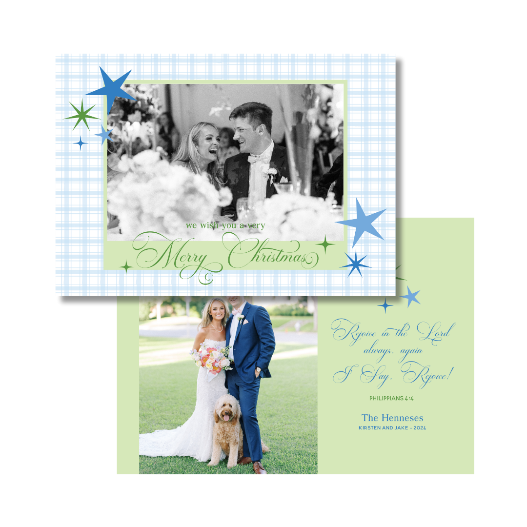 Blue & Green Gingham & Stars  Christmas Card - Horizontal - GINGHAM FRONT