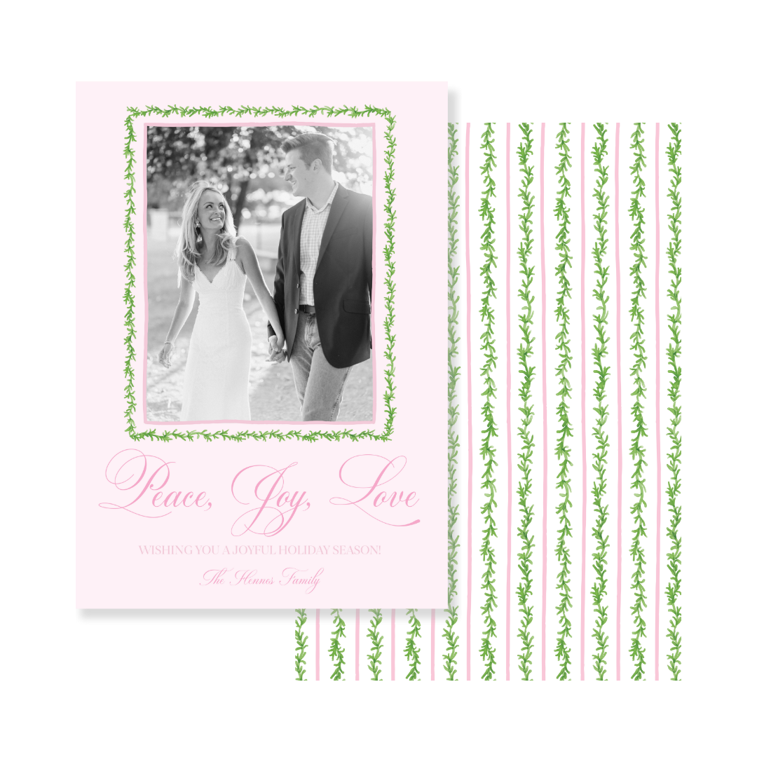 Pink  Peace Joy & Love Christmas Card - Vertical