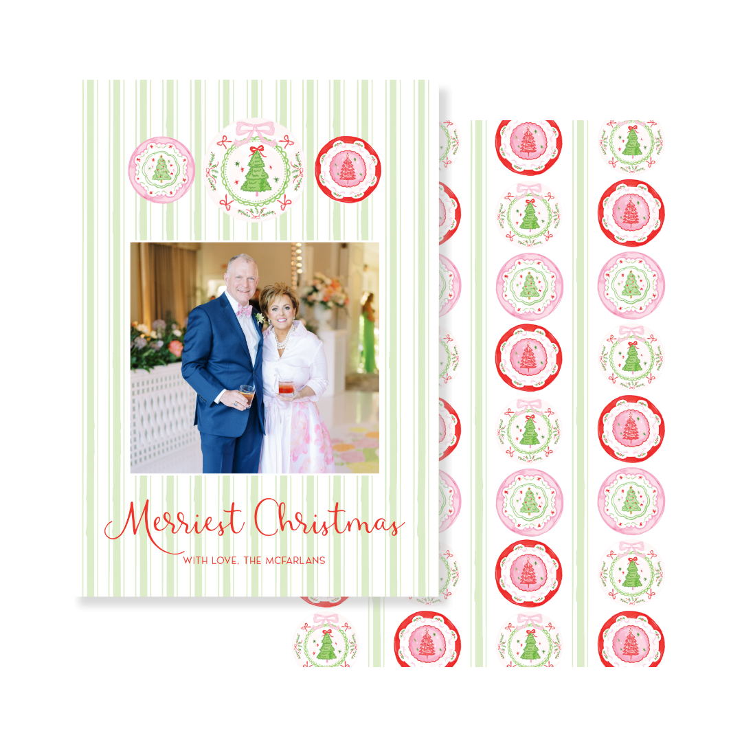 Pink & Green Christmas Plates Christmas Card - Vertical