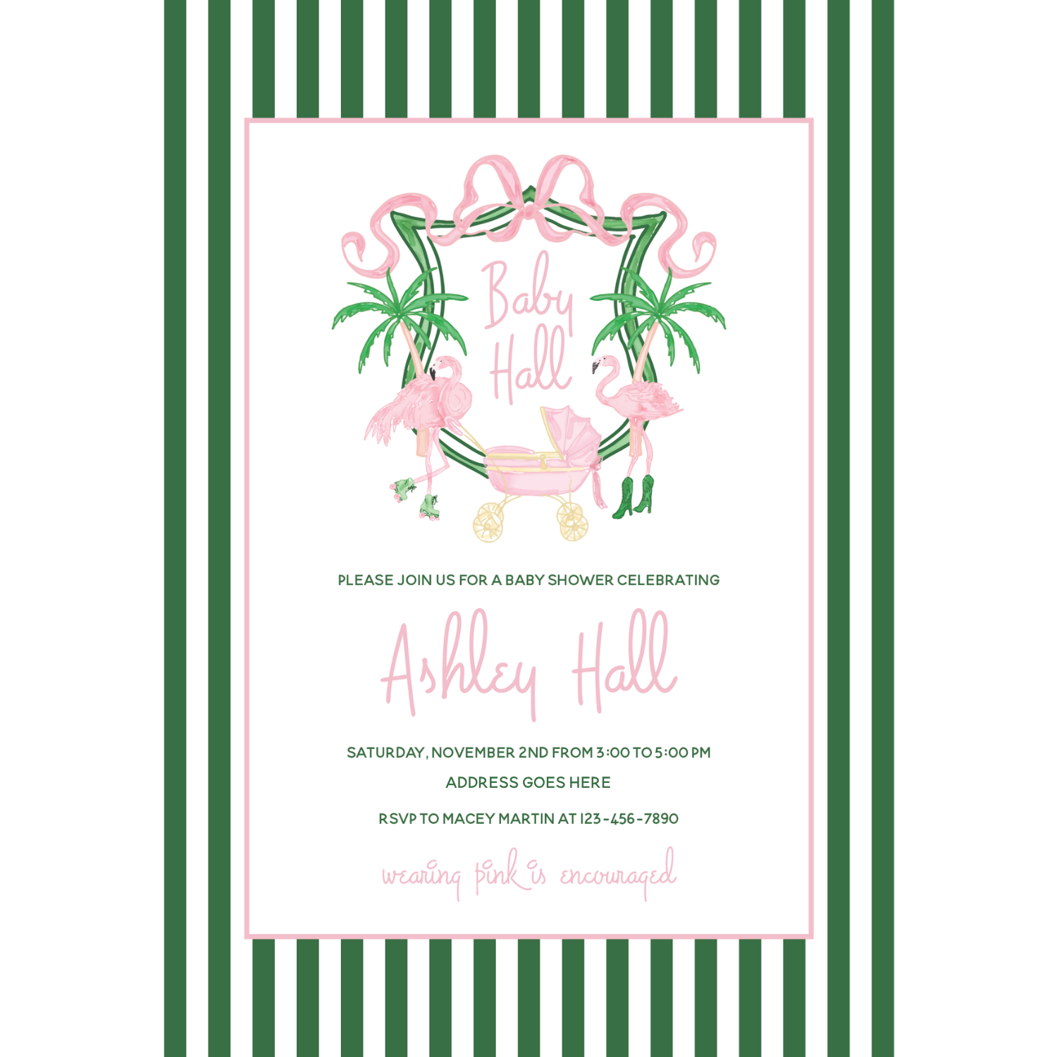 Chic Green Stripe Baby Shower Invitation