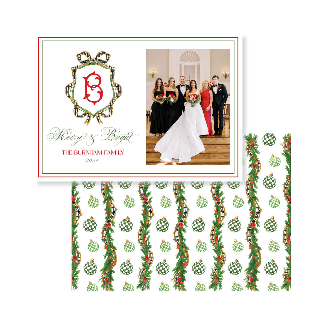 Black & White Check  Ribbon Christmas Card - Horizontal