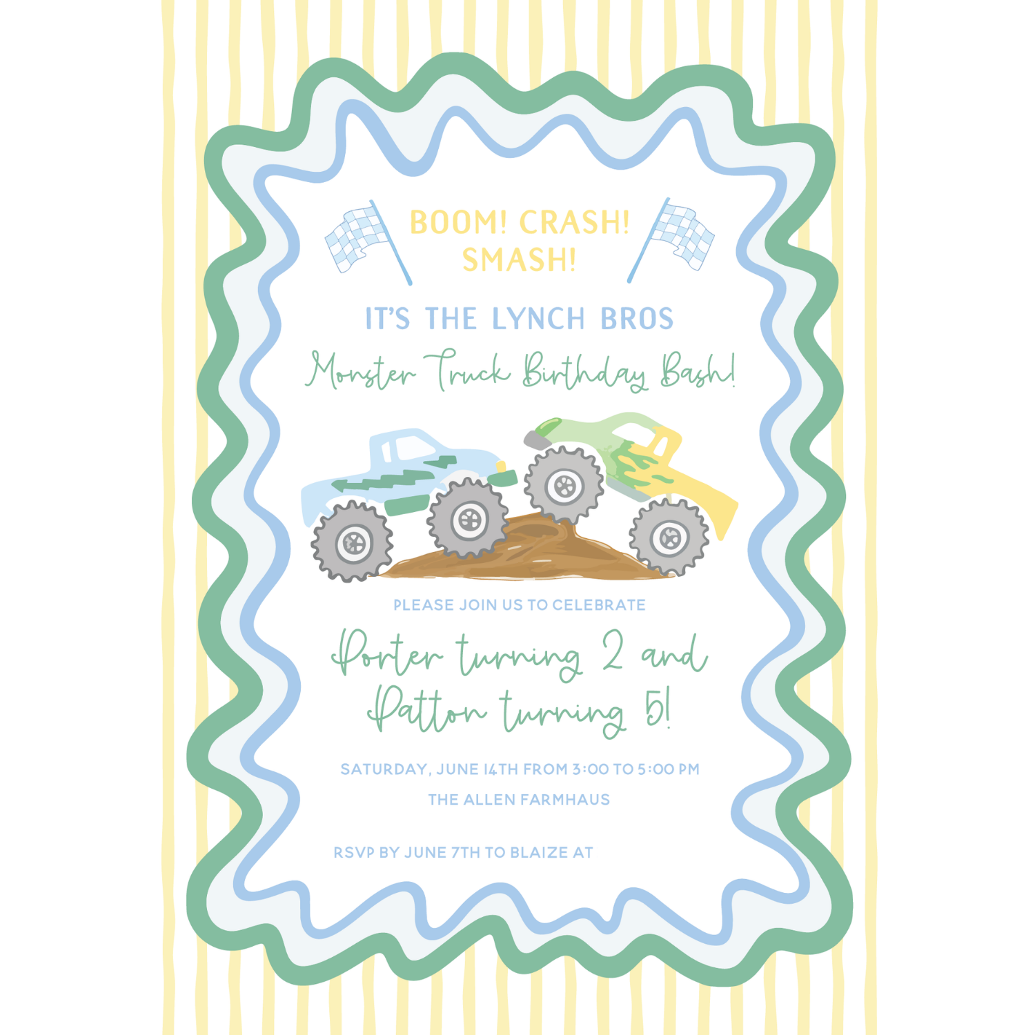 Boom! Crash! Monster Truck Bash Invitation