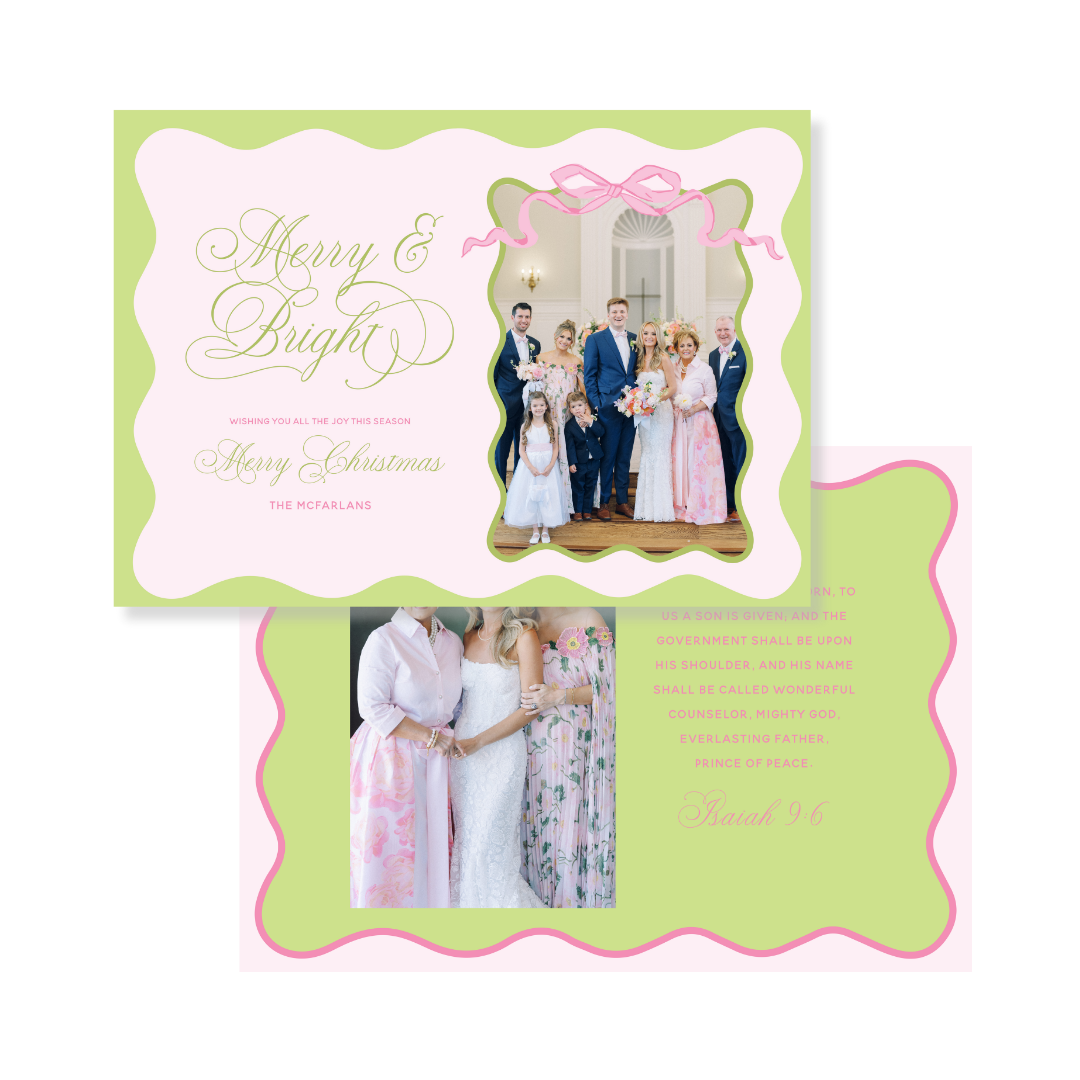 Pink & Green Wavy Border Christmas Card - Horizontal