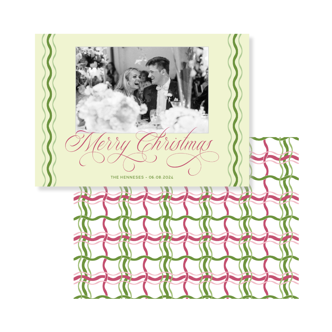 Raspberry & Green Wavy Gingham Christmas Card - Horizontal