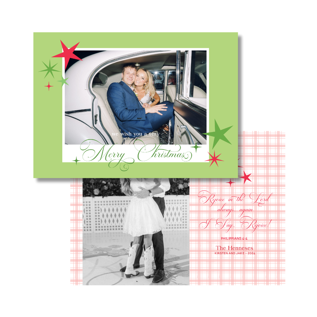 Red & Green Gingham & Stars  Christmas Card - Horizontal - GINGHAM BACK