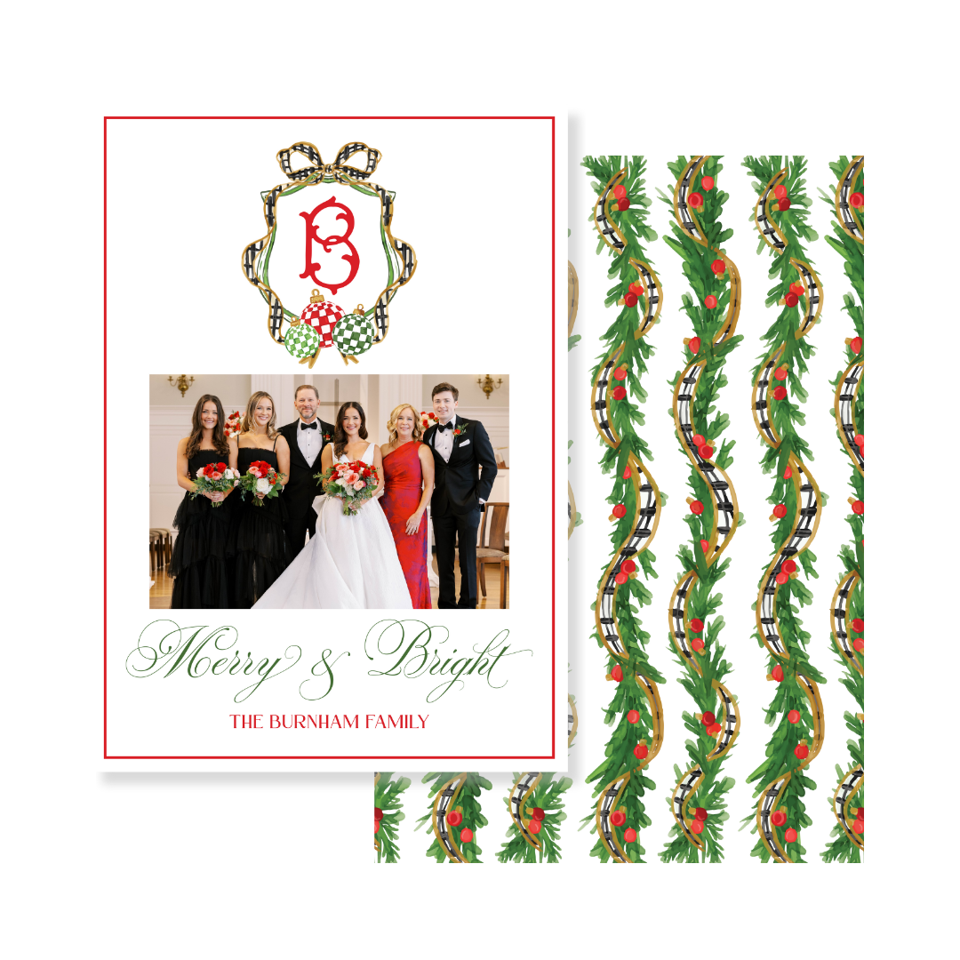 Black & White Check  Ribbon Christmas Card - Vertical