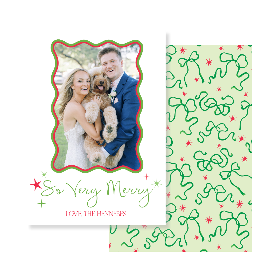 So Very Merry Bows & Stars Christmas Card - Vertical - RED & GREEN