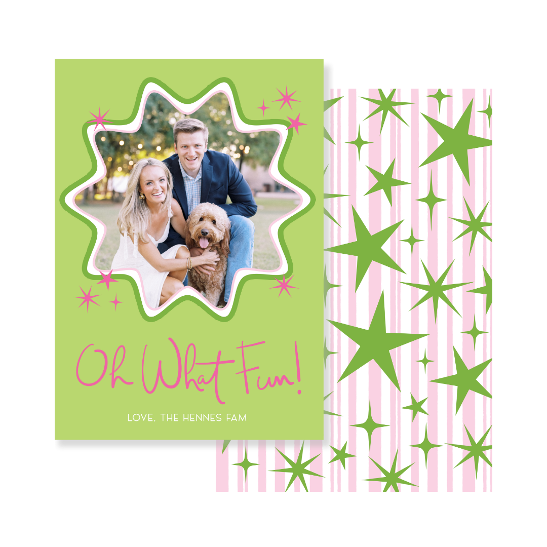 Oh What Fun Stars Christmas Card - Vertical GREEN
