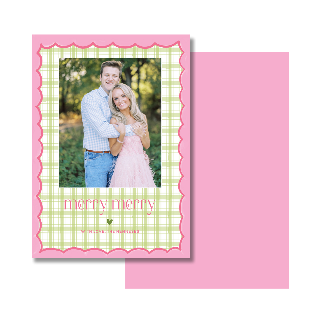 Merry Merry Scallop & Gingham Christmas Card - Vertical - GREEN/PINK