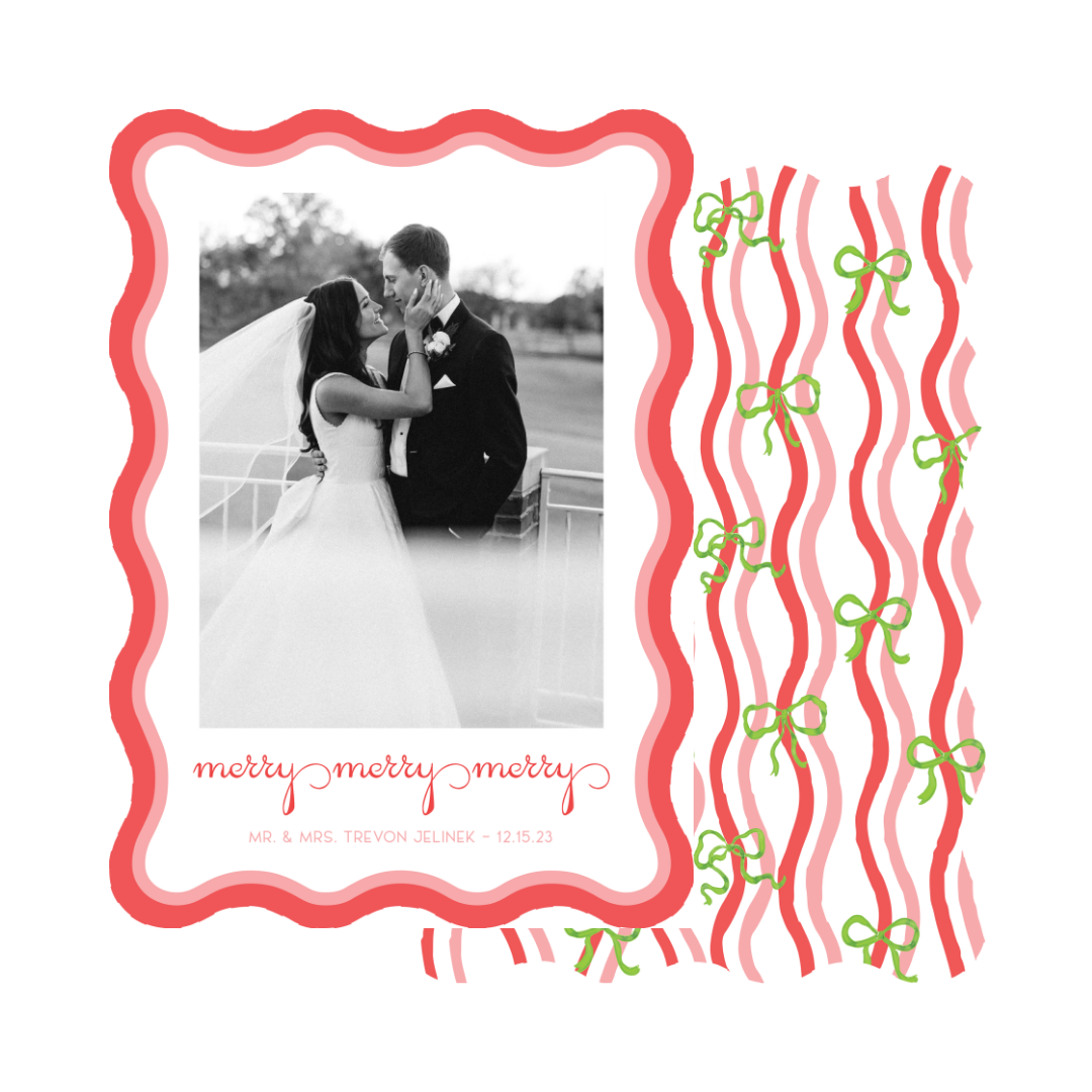 Wavy Die Cut Merry Bows Christmas Card - Vertical RED