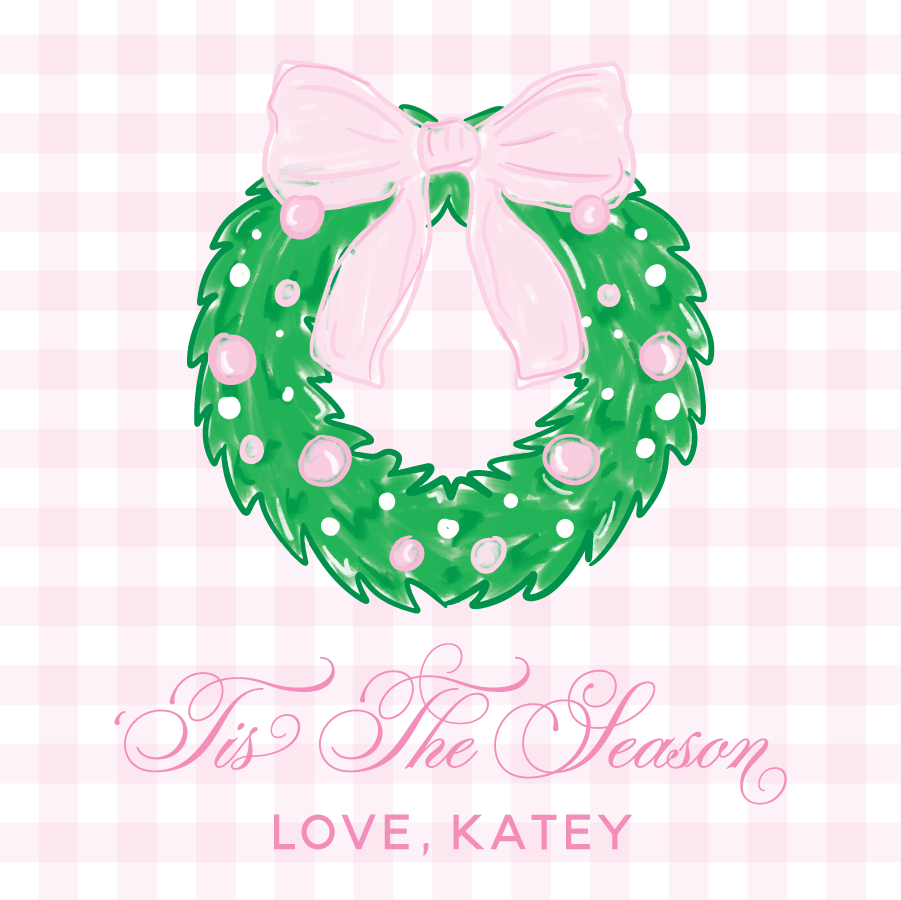 'Tis The Season Gingham Wreath Gift Tag - PINK & BLUE OPTIONS