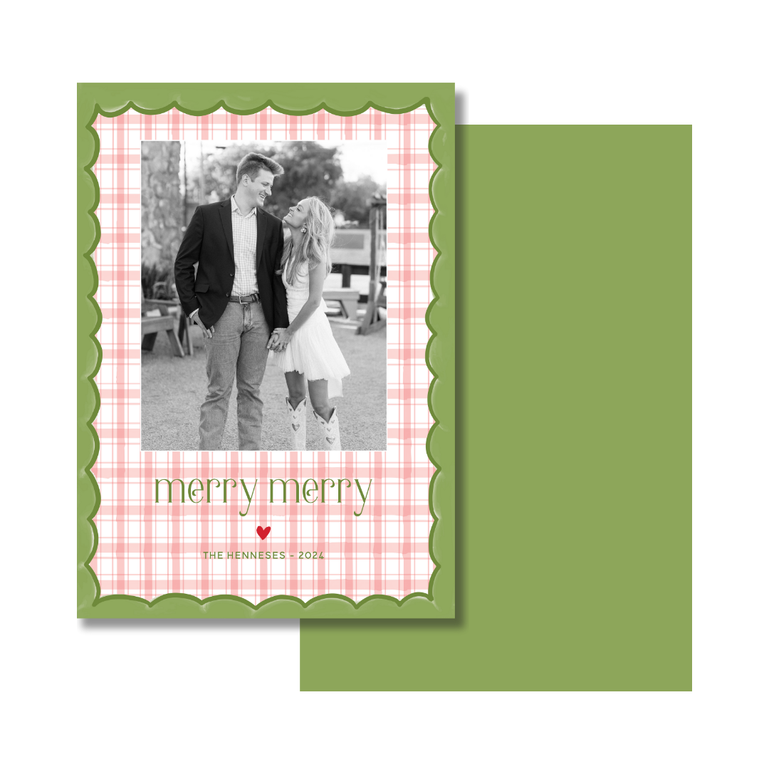Merry Merry Scallop & Gingham Christmas Card - Vertical - GREEN/RED