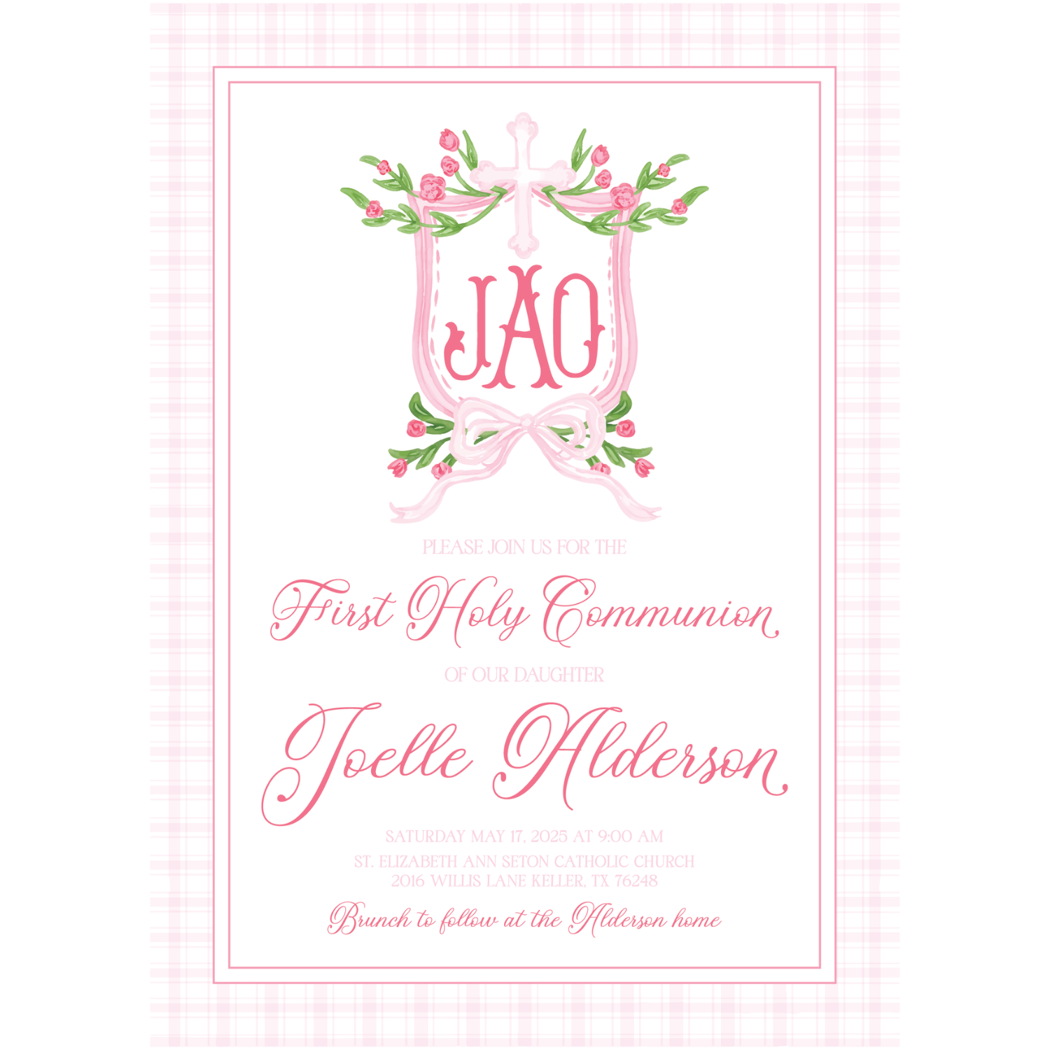 Baptism / First Communion Invitation - Pink Gingham