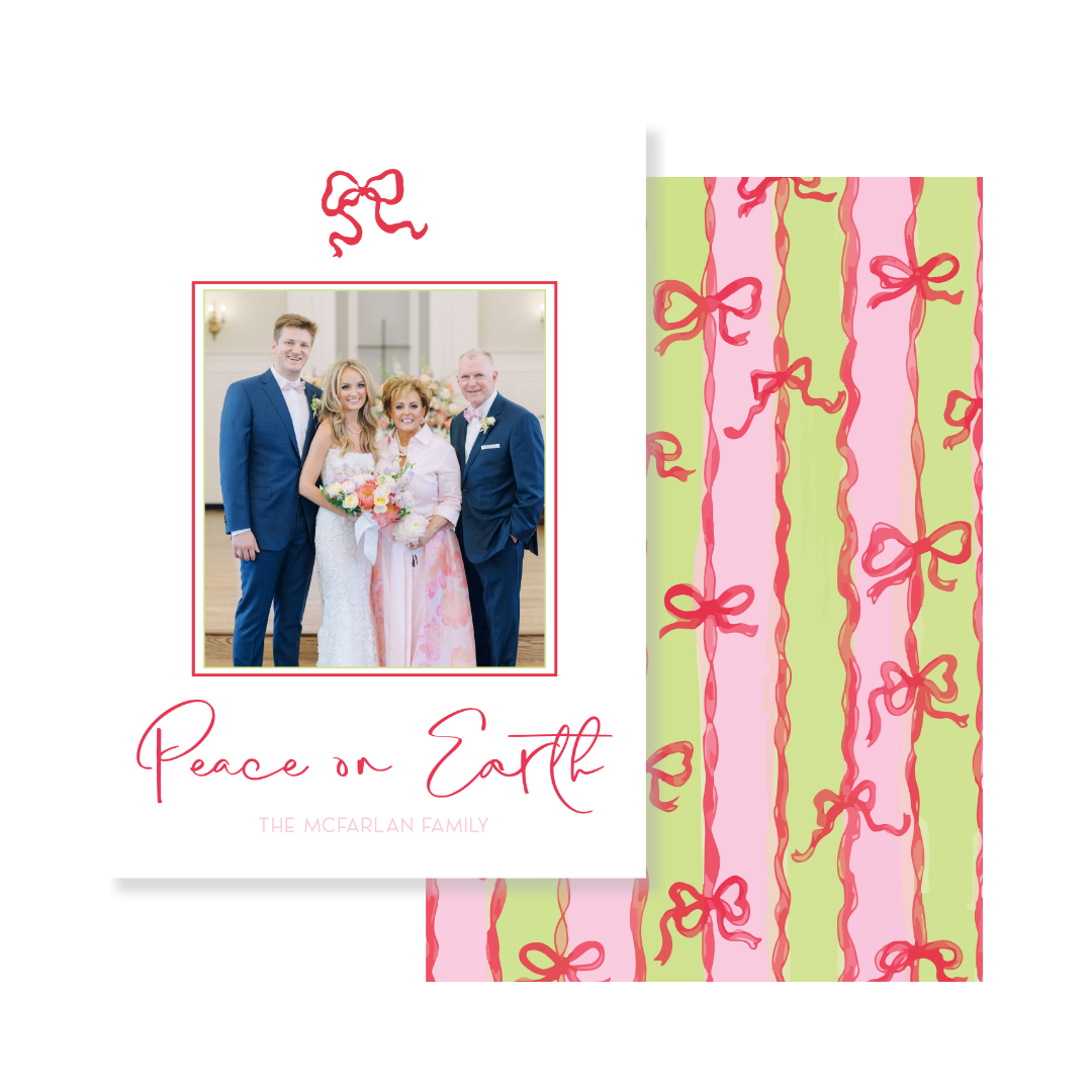 Peace On Earth Red Ribbon Bow Christmas Card - Vertical