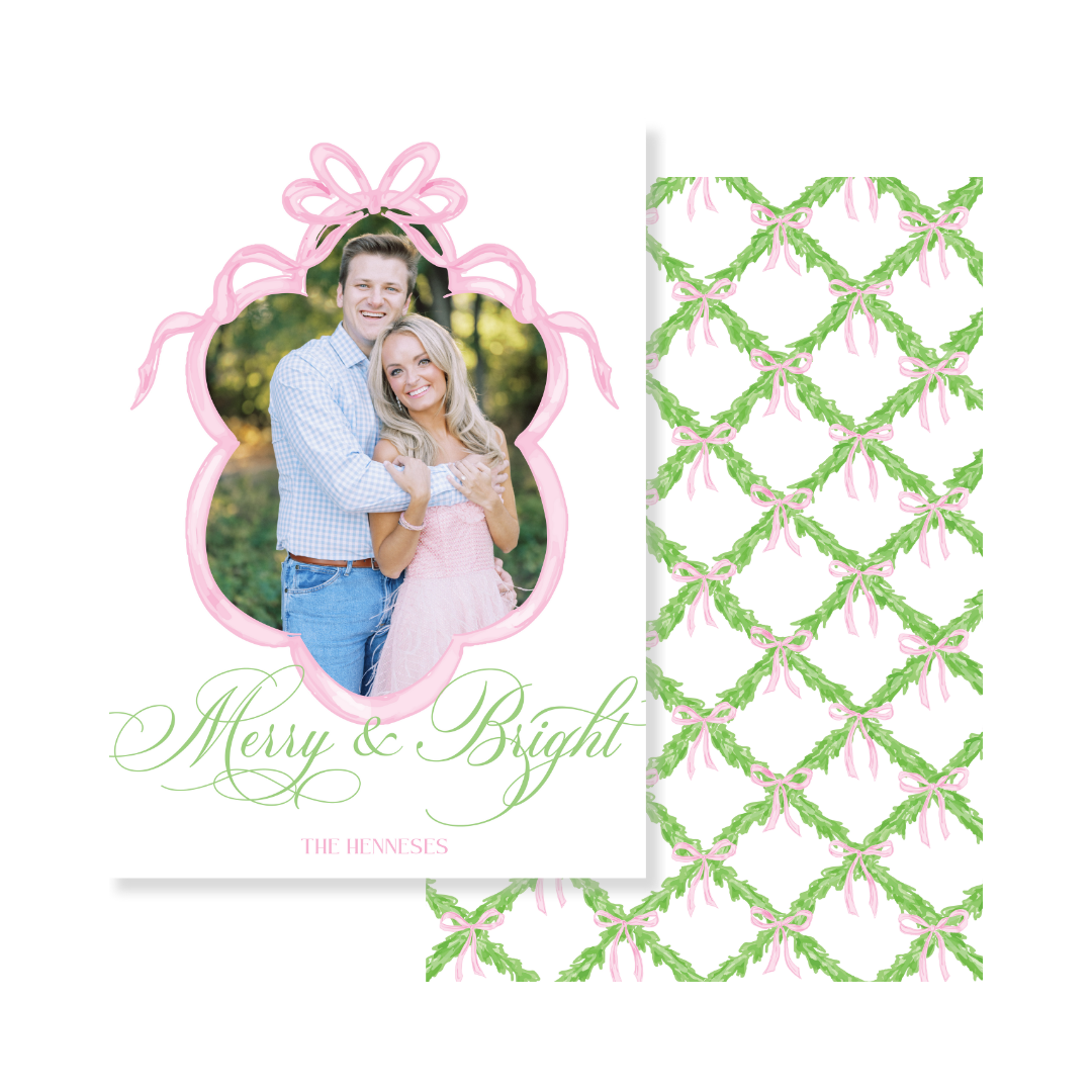 Pink Bow Frame & Lattice Christmas Card - Vertical