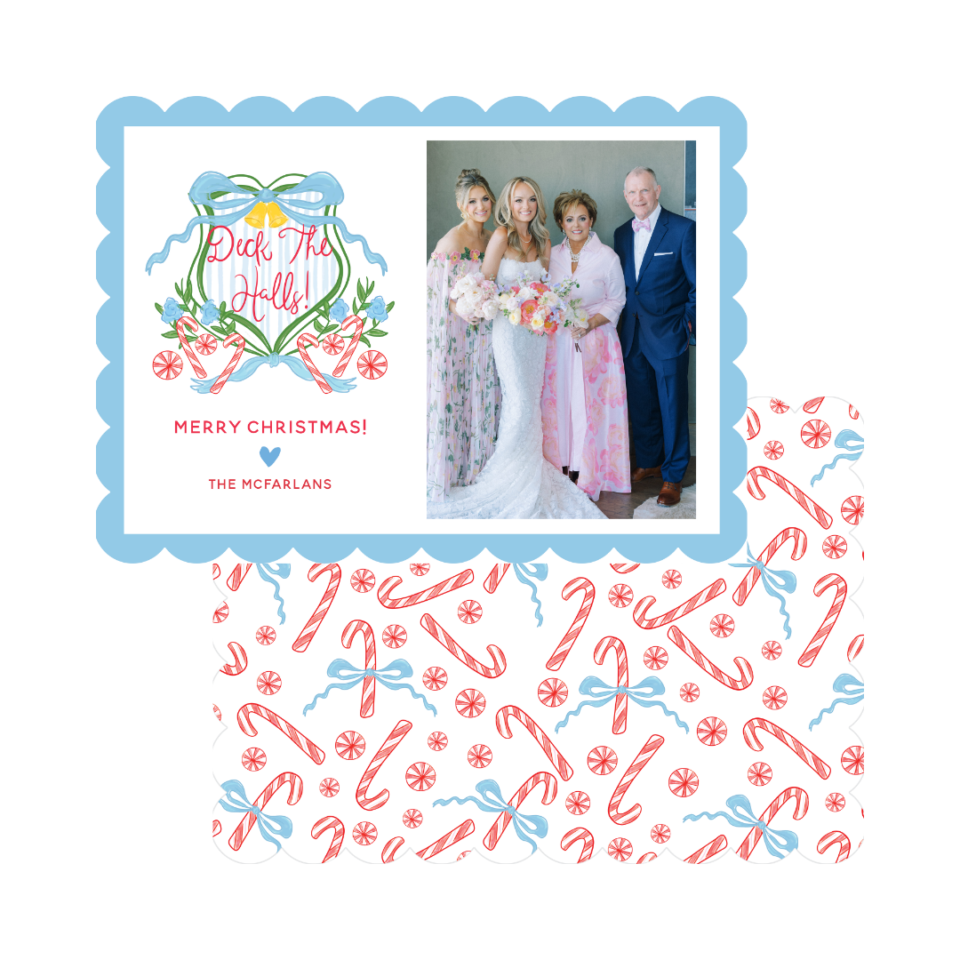 Blue Scallop Die Cut Deck The Halls Crest Christmas Card - Horizontal