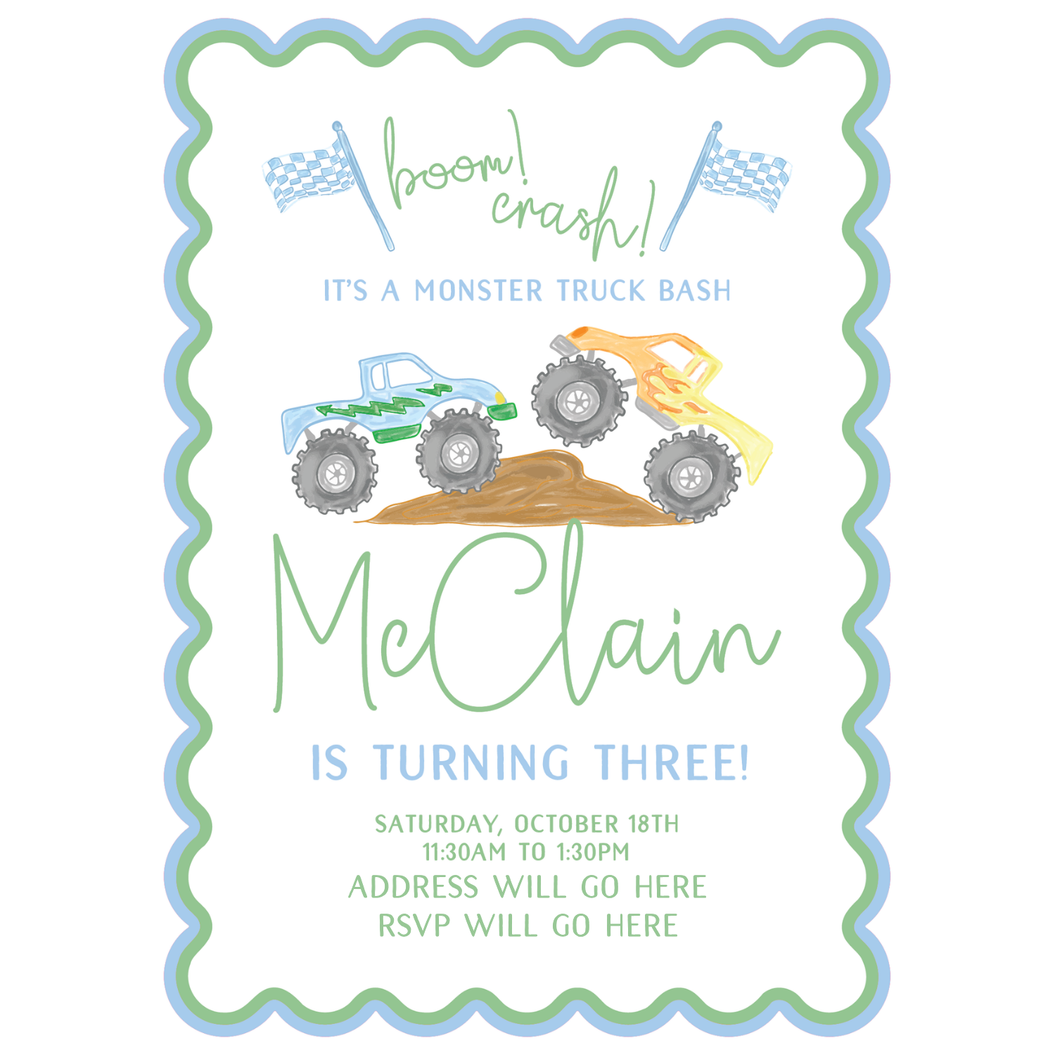 Monster Truck Scallop Die Cut Invitation