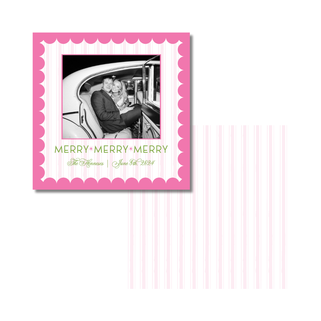 Merry x3 Scallop Pink Christmas Card - Square