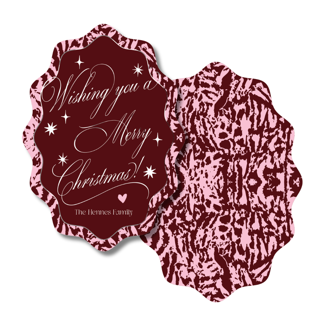 Raspberry & Pink Christmas  Wavy Oval Die Cut Gift Tag