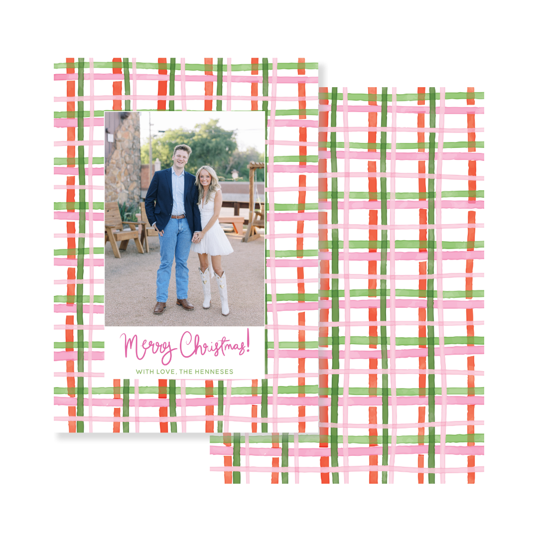 Pink & Green Gingham Christmas Card - Vertical
