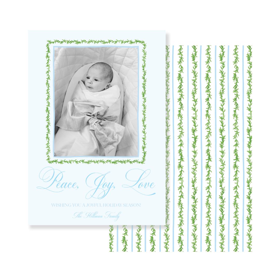 Blue  Peace Joy & Love Christmas Card - Vertical