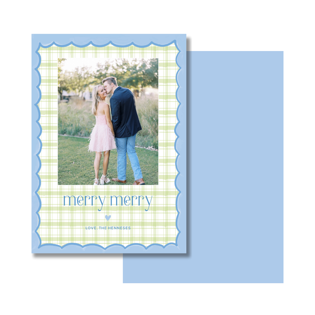 Merry Merry Scallop & Gingham Christmas Card - Vertical - GREEN/BLUE