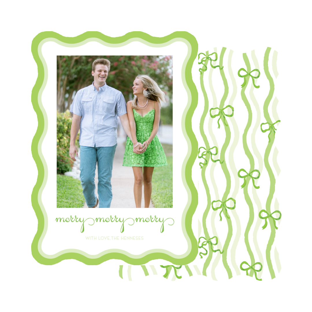 Wavy Die Cut Merry Bows Christmas Card - Vertical GREEN