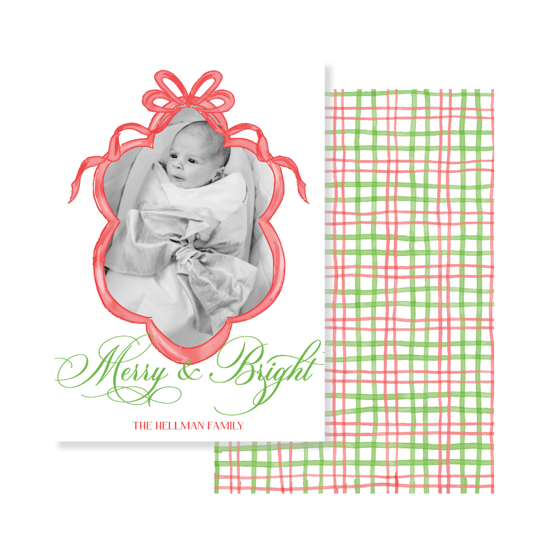 Red Bow Frame & Gingham Christmas Card - Vertical