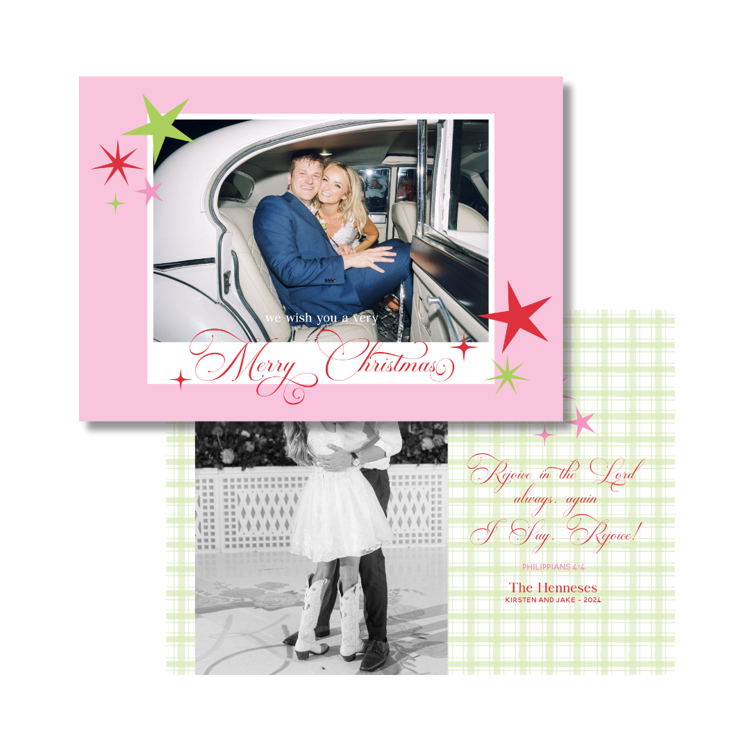 Pink & Green Gingham & Stars  Christmas Card - Horizontal - GINGHAM BACK