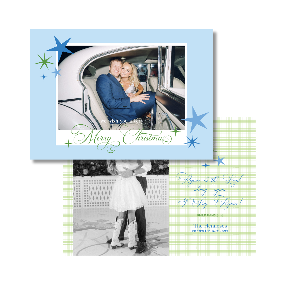 Blue & Green Gingham & Stars  Christmas Card - Horizontal - GINGHAM BACK