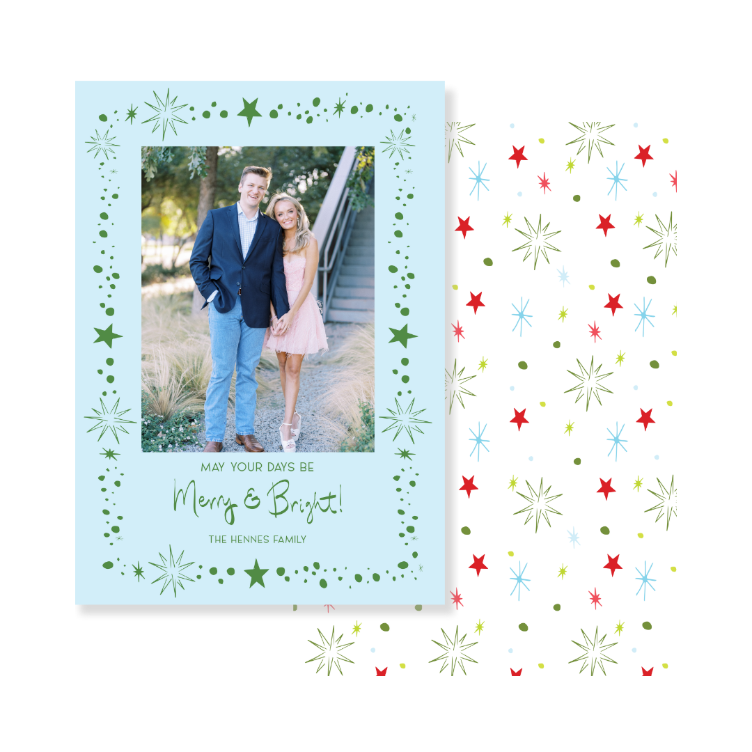 Merry  & Bright Stars Christmas Card - Vertical BLUE