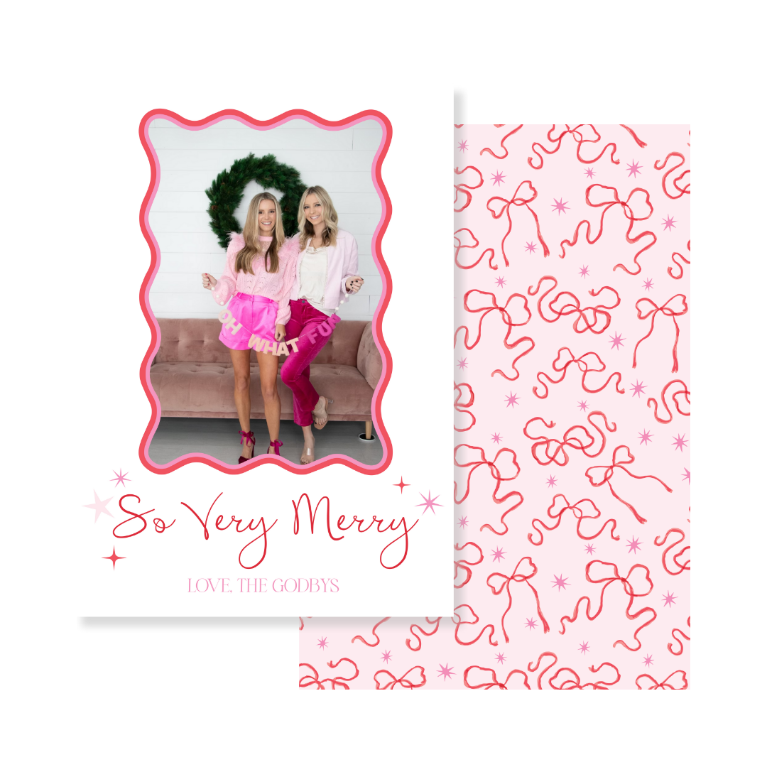 So Very Merry Bows & Stars Christmas Card - Vertical - RED & PINK