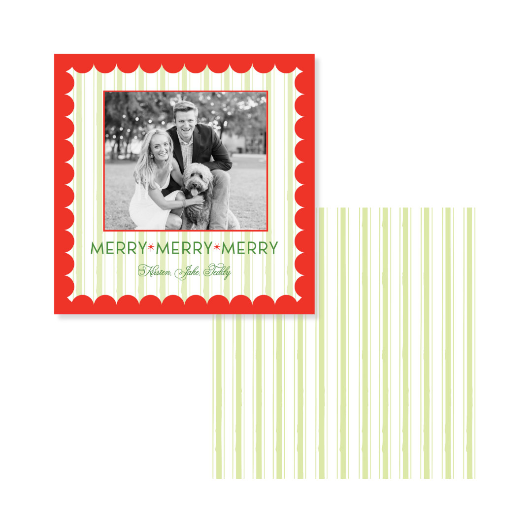 Merry x3 Scallop Red Christmas Card - Square