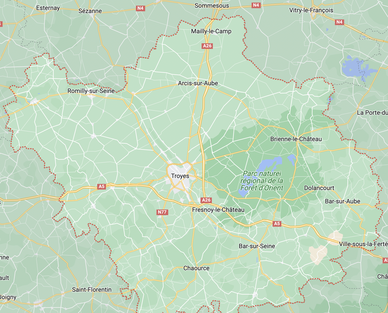 Carte de la région autour de Troyes, en France, montrant les villes et routes principales.