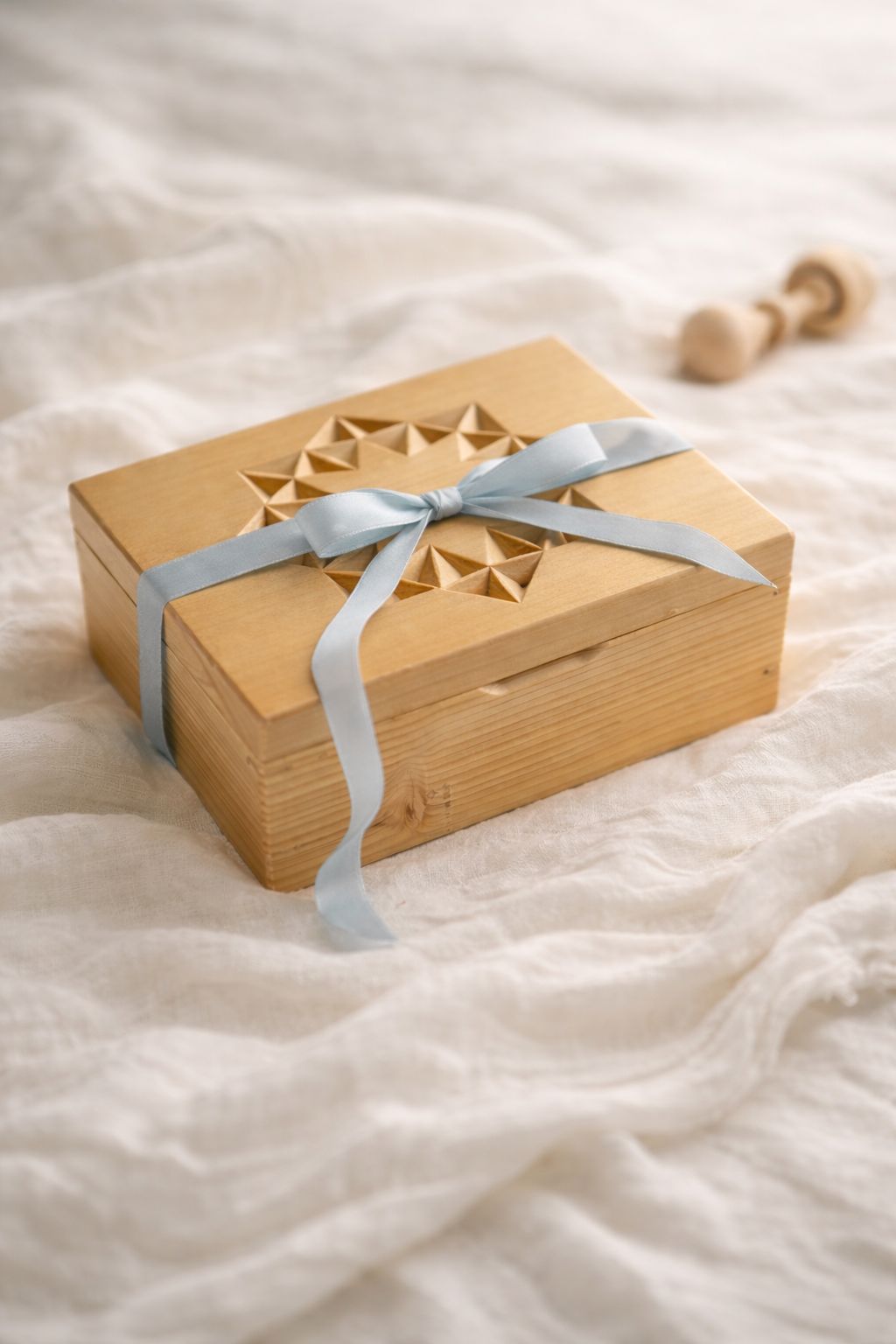 This handcrafted pine box keeps small essentials neatly stored while adding an artistic accent to any dresser, vanity, or shelf. The distinctive chip-carved pattern showcases traditional craftsmanship, turning simple storage into a statement piece.