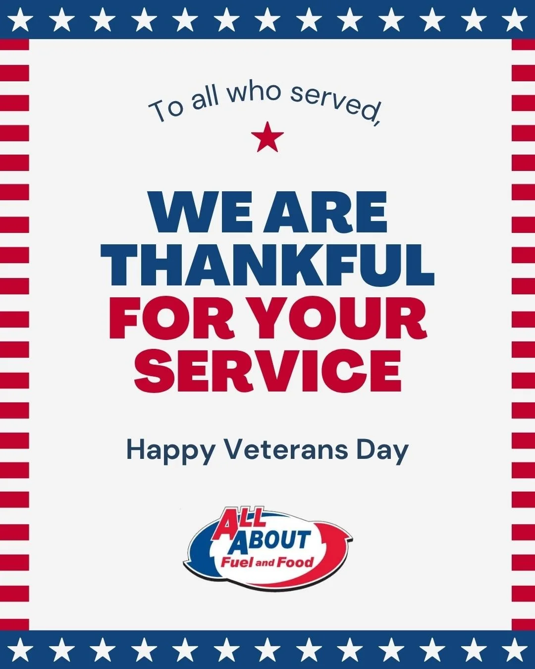 Thank you to all who have served. 🇺🇸 Your courage, sacrifice, and dedication mean the world. ❤️🤍💙

#VeteransDay #ThankYouVeterans #AllAboutFuelAndFood #HonoringHeroes #ProudToServe #USA
