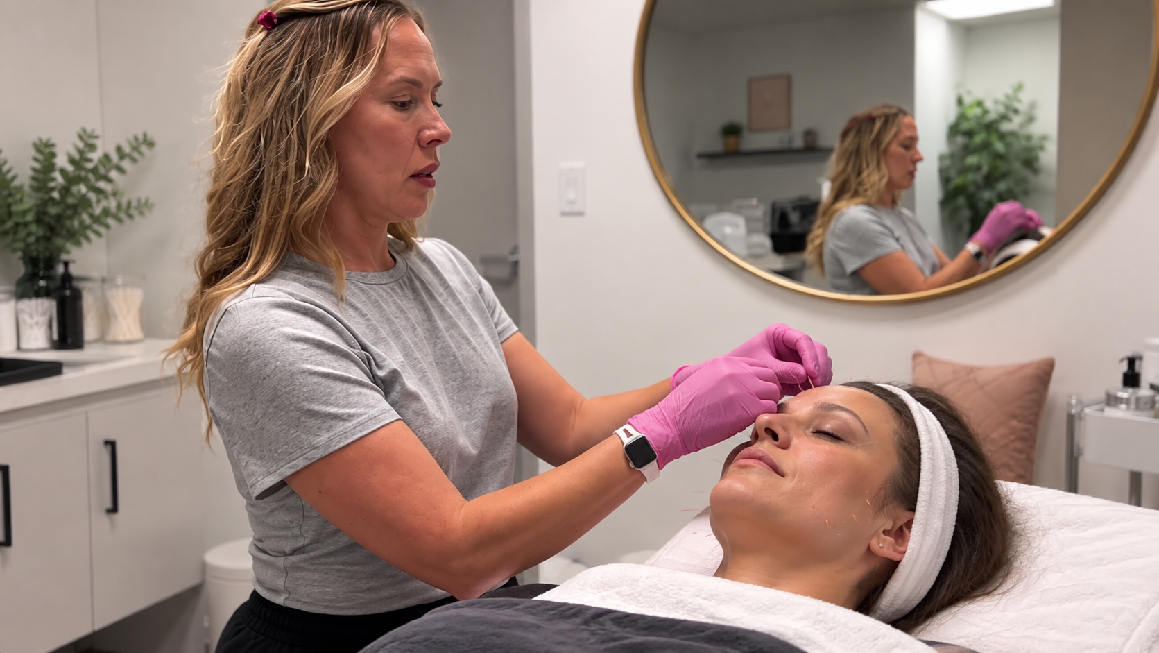 Barbara Marshall, ARNP performing facial acupuncture on a client at Firm Medical Spa in Tulsa, Oklahoma.