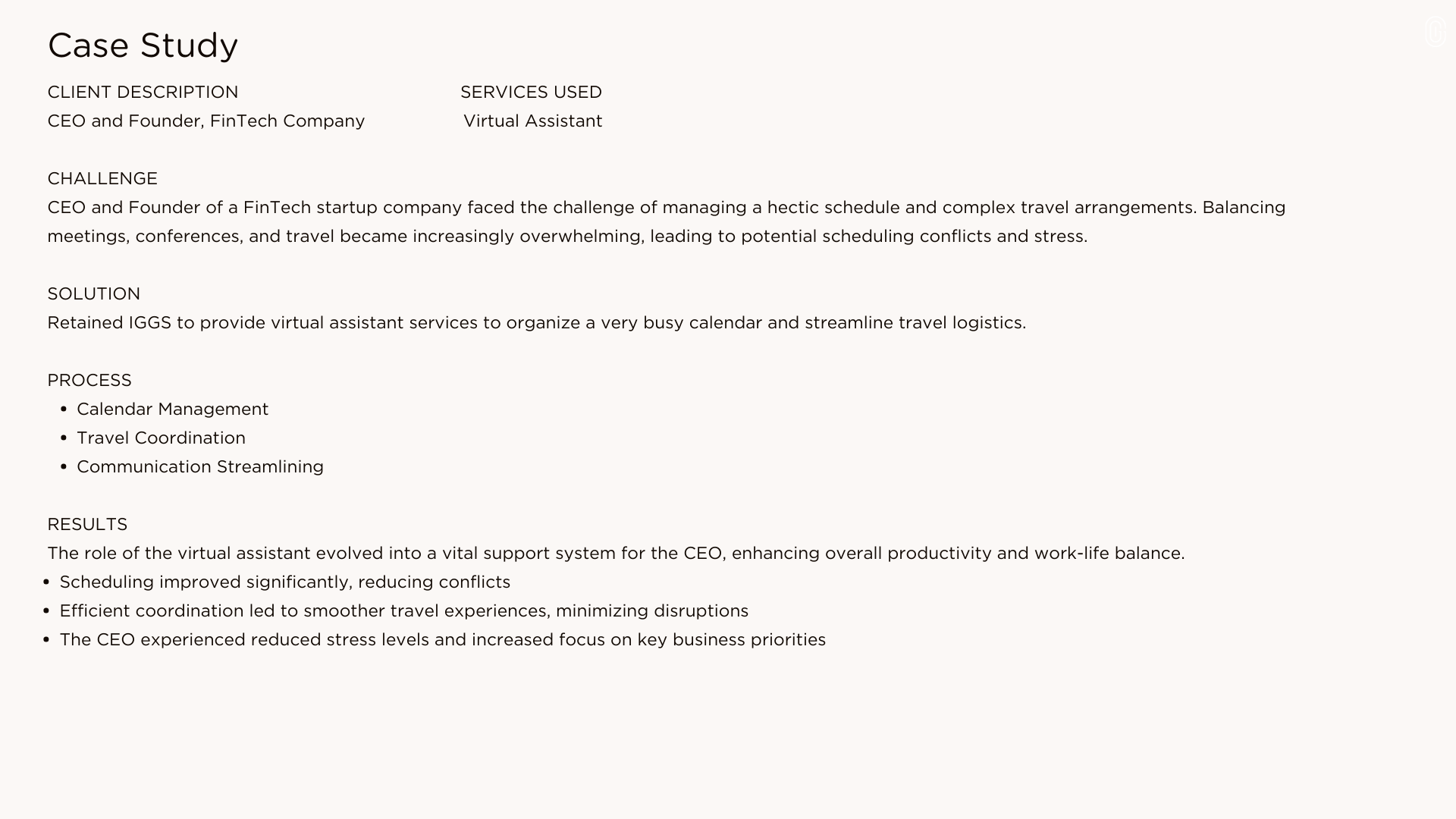 Case study document with sections for client description, services used, challenge, solution, process, and results, related to managing travel and calendar logistics for a CEO using virtual assistant services.