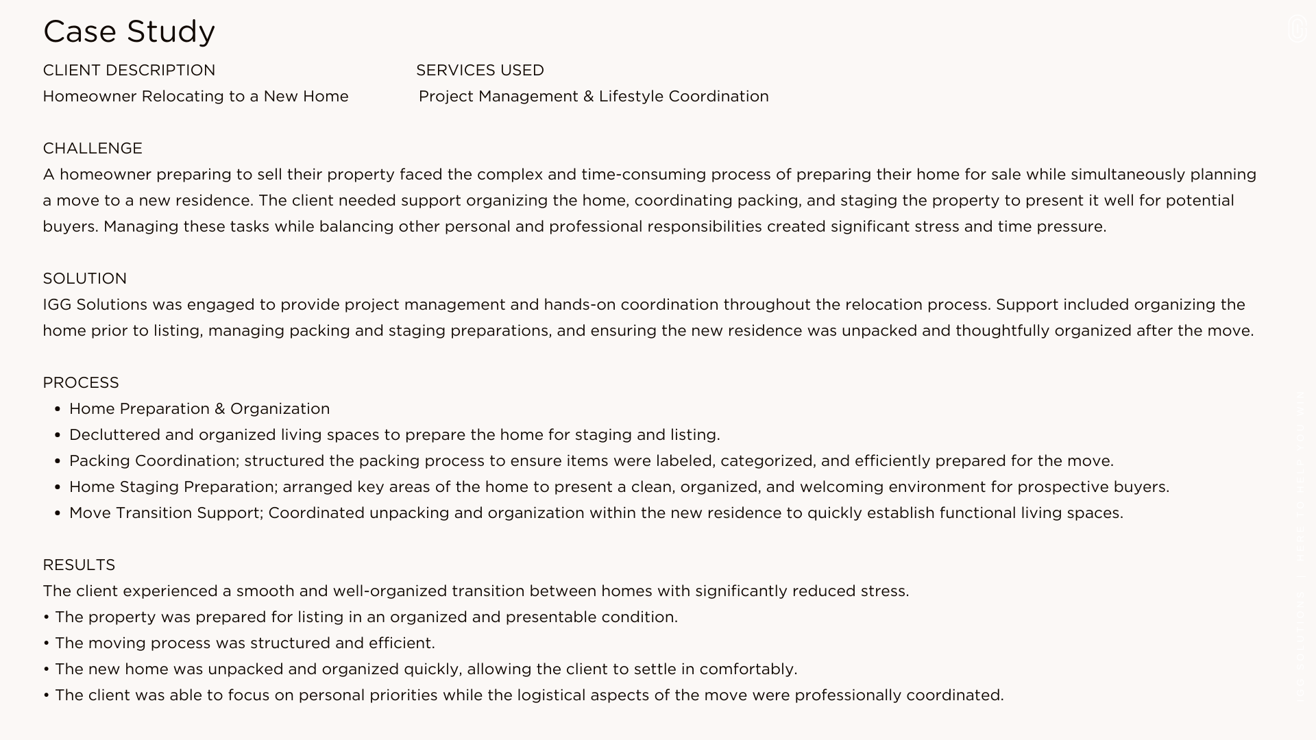 Text document titled 'Case Study' detailing client description, services used, challenge, solution, process, and results for a homeowner relocating to a new home. The document describes project management and lifestyle coordination to support the cli