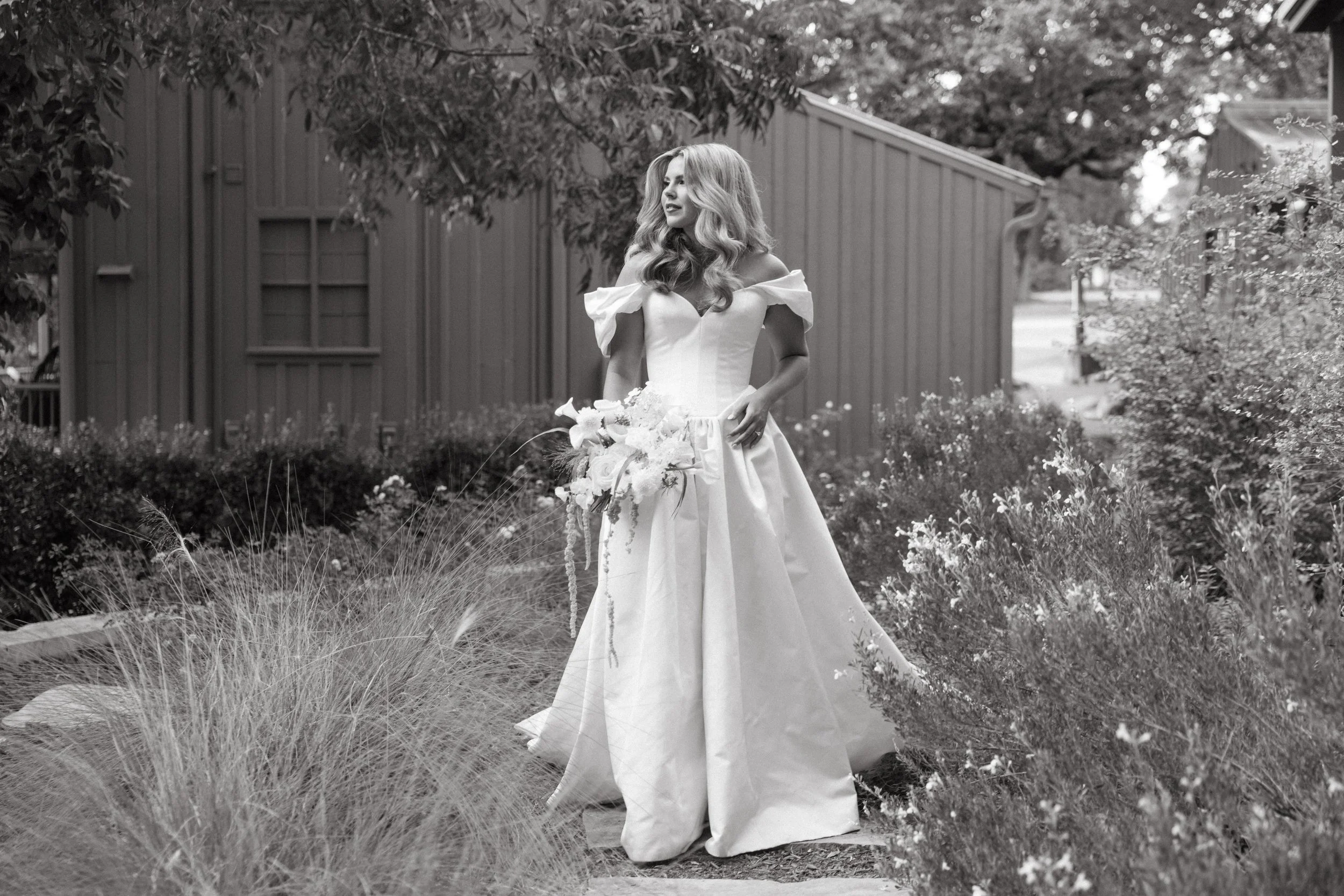 Bride in Lihlihod dress at Hotel Lulu Round Top Texas — Good Seed Florals, editorial documentary photography by Lauren Nicole