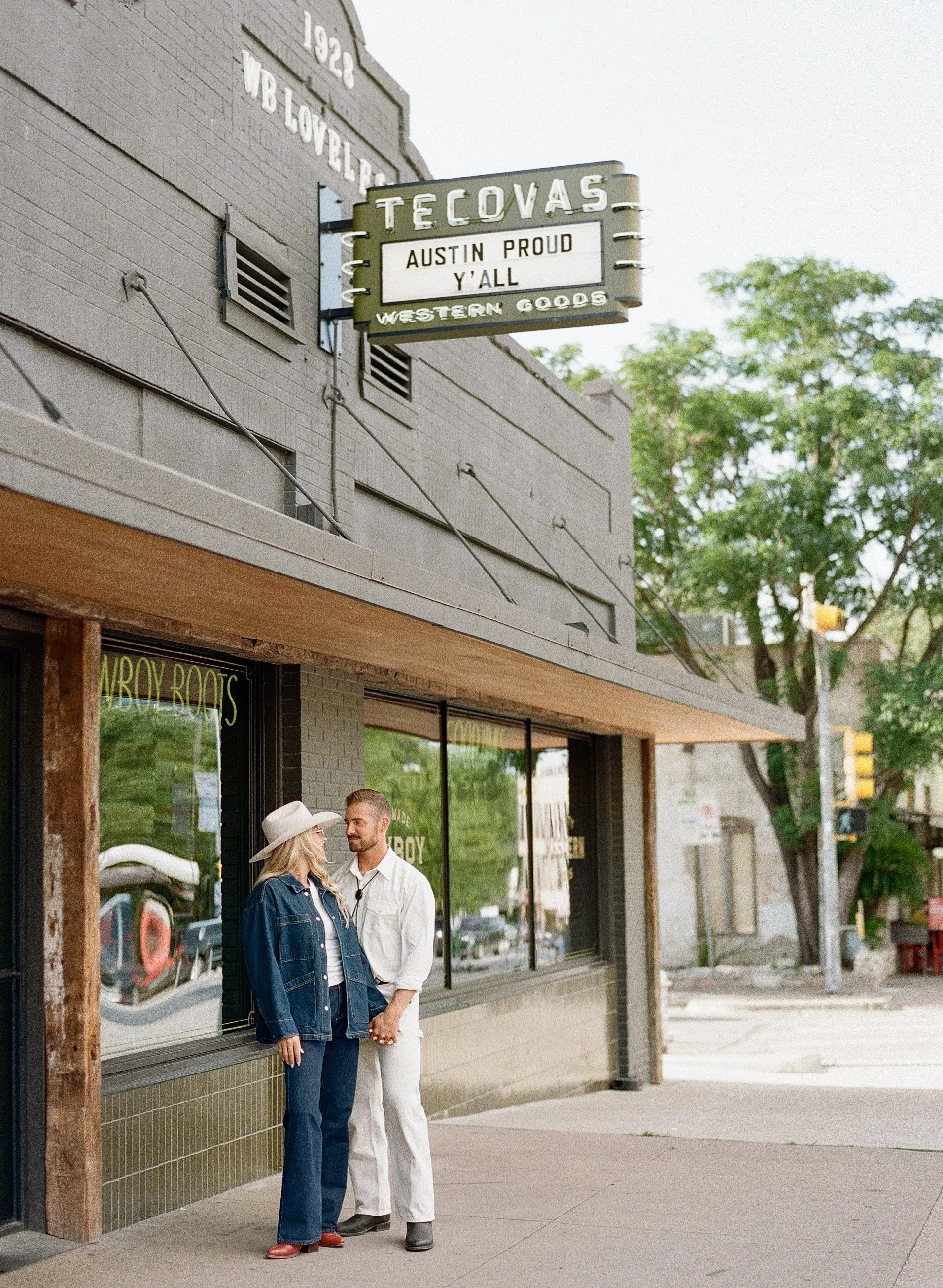 South Congress Austin engagement session, western editorial aesthetic — analog film photography by Lauren Nicole