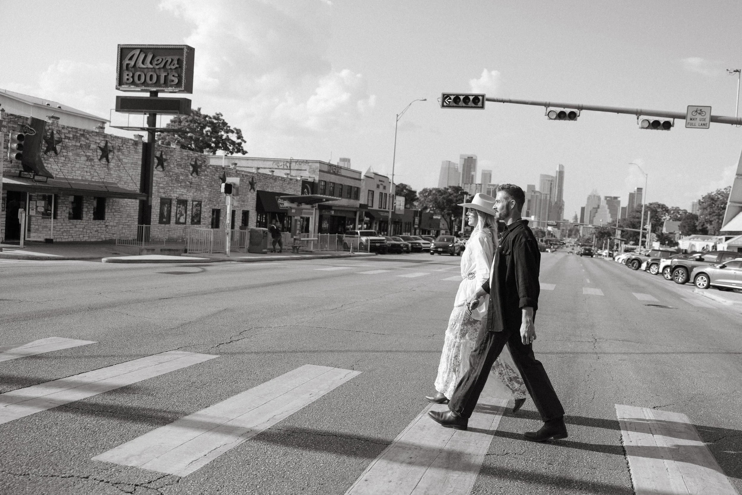 Western high fashion engagement session on South Congress, Austin Texas — Allen's Boots, Tecovas, editorial film photography by Lauren Nicole Photo