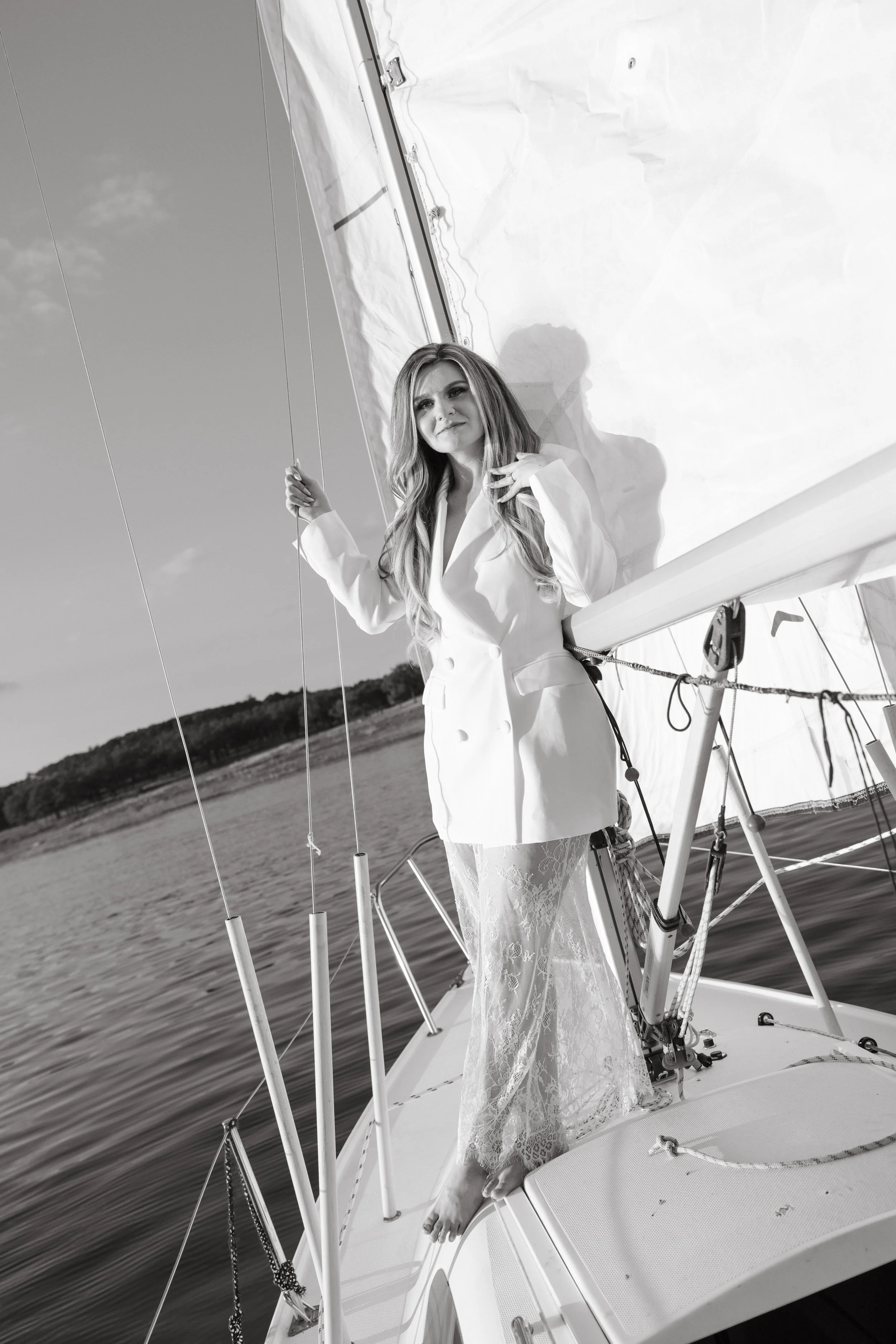 Coastal aesthetic sailboat engagement session, Lake Travis Austin TX — editorial analog photography by Lauren Nicole