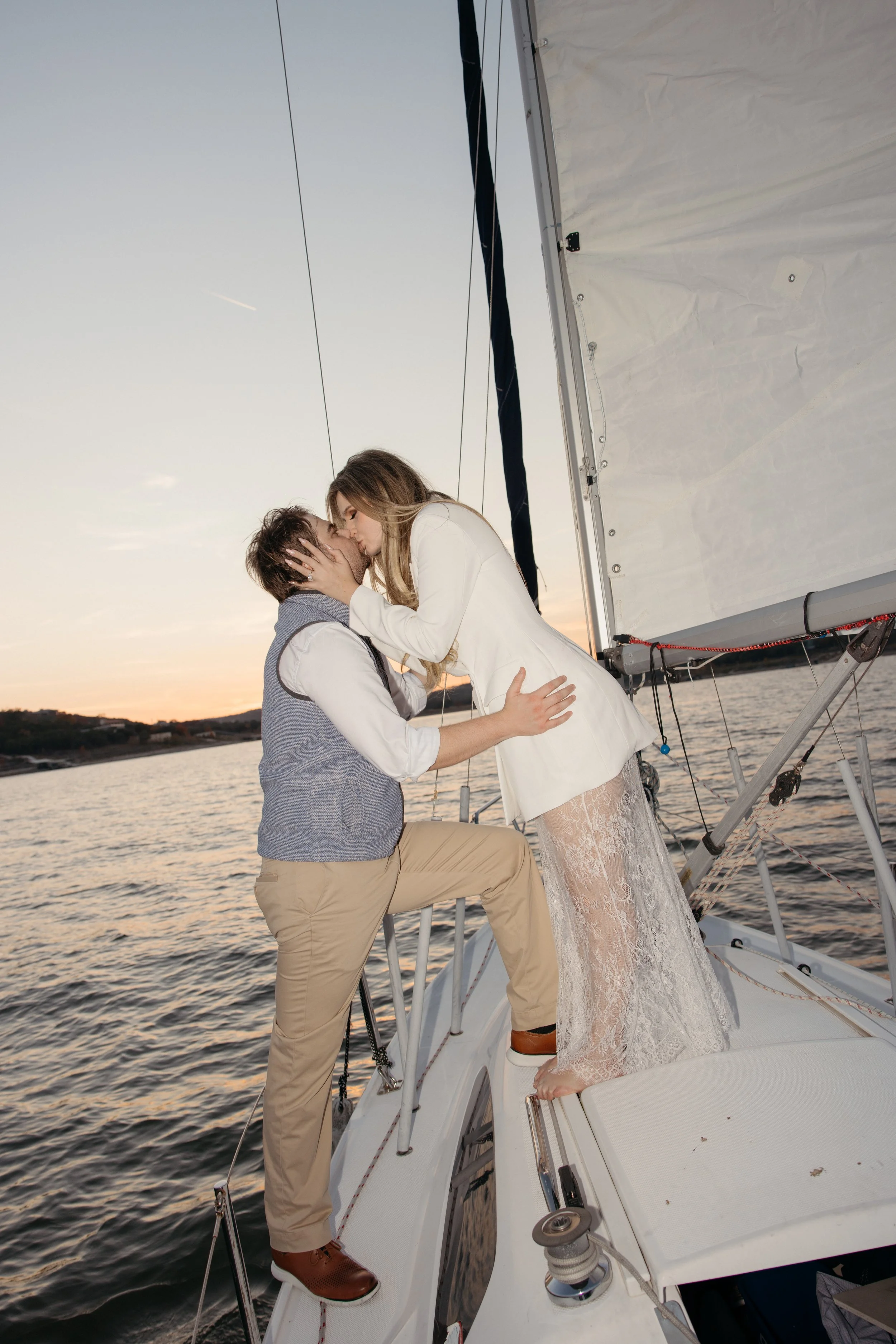 Coastal aesthetic sailboat engagement session, Lake Travis Austin TX — editorial analog photography by Lauren Nicole