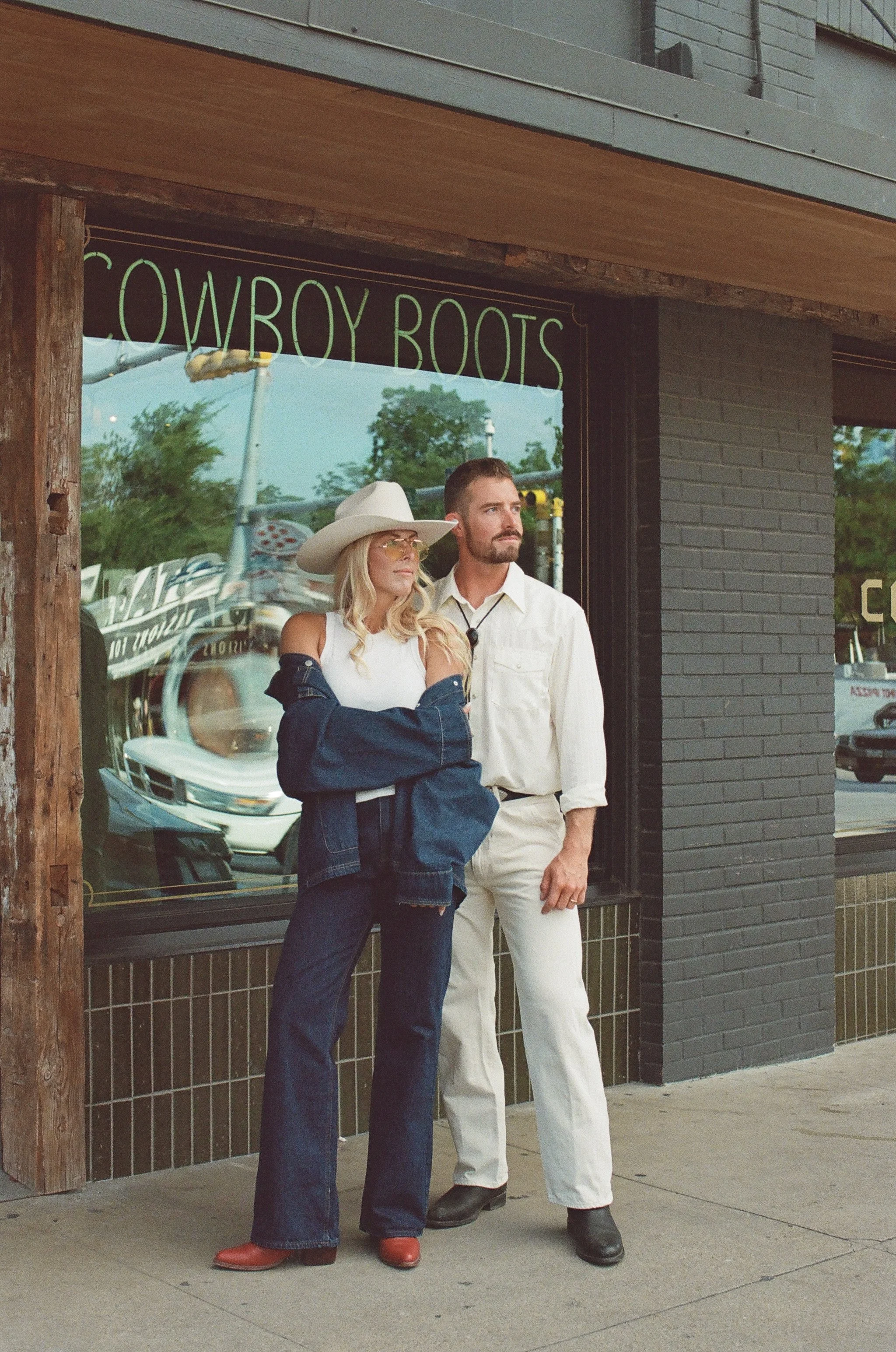 Western high fashion engagement session on South Congress, Austin Texas — Allen's Boots, Tecovas, editorial film photography by Lauren Nicole Photo