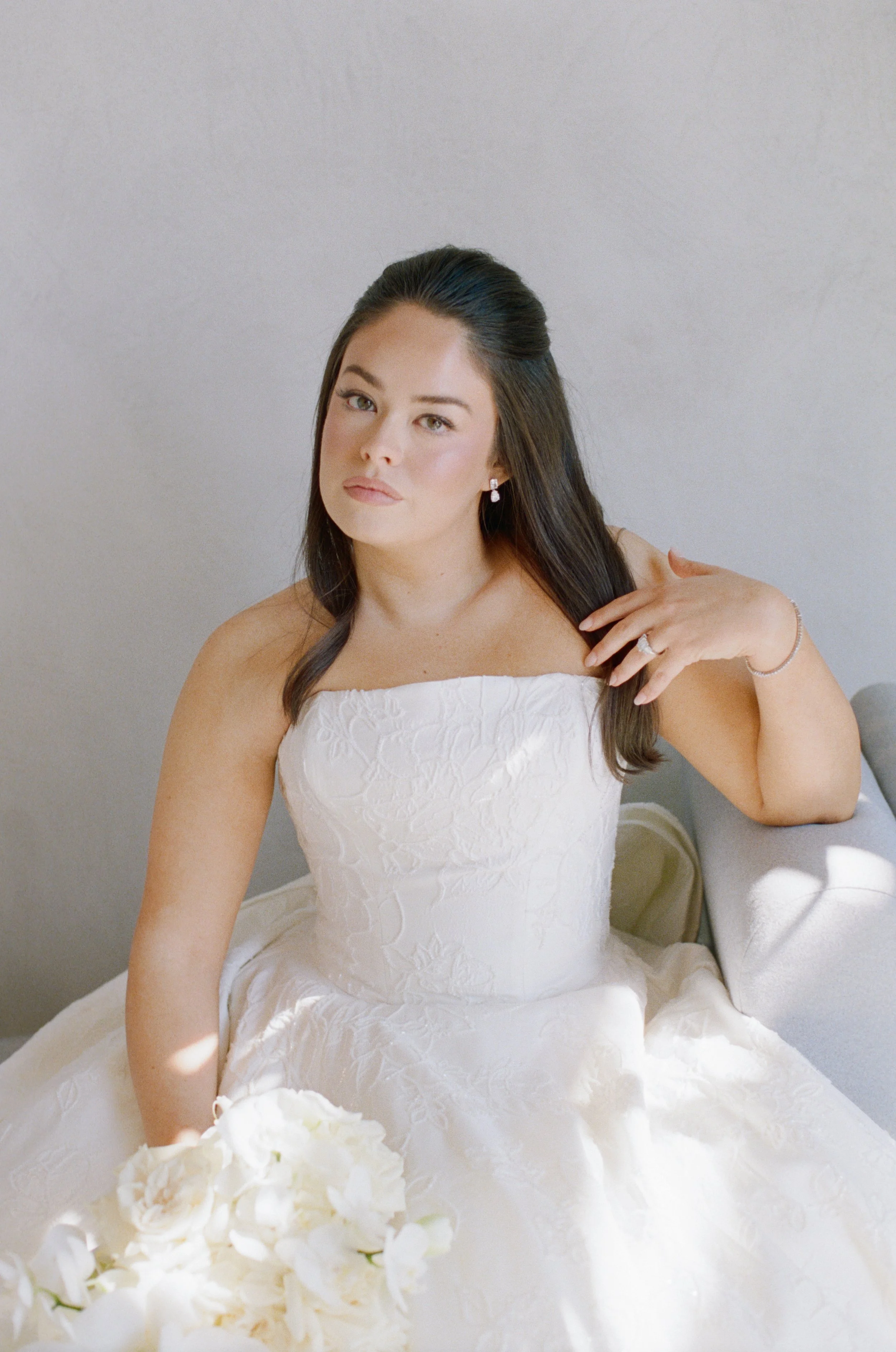 Bride in Anne Barge gown at Le Tesserae Houston — navy blue ivory wedding, hybrid film photography by Lauren Nicole