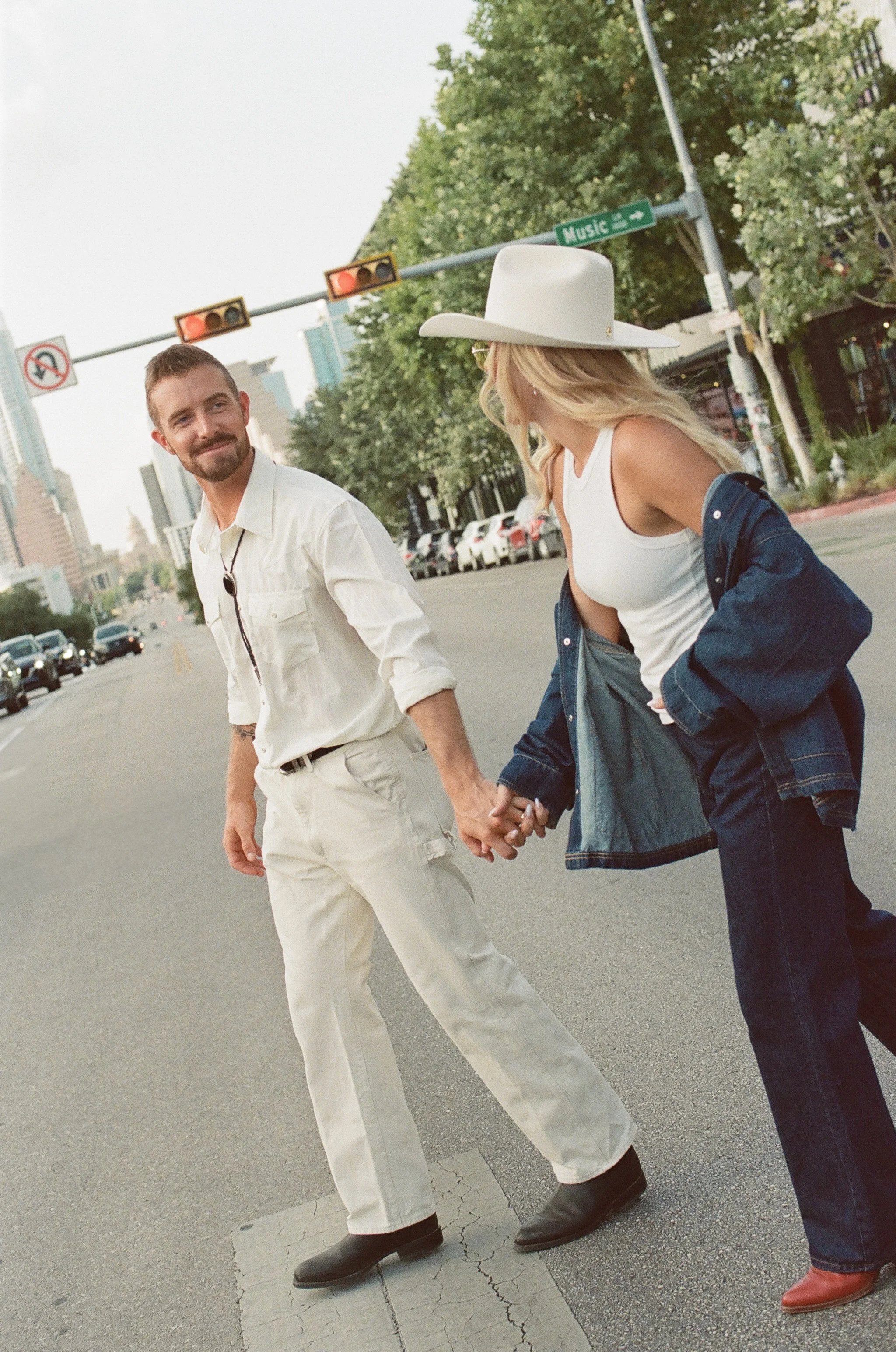 South Congress Austin engagement session, western editorial aesthetic — analog film photography by Lauren Nicole