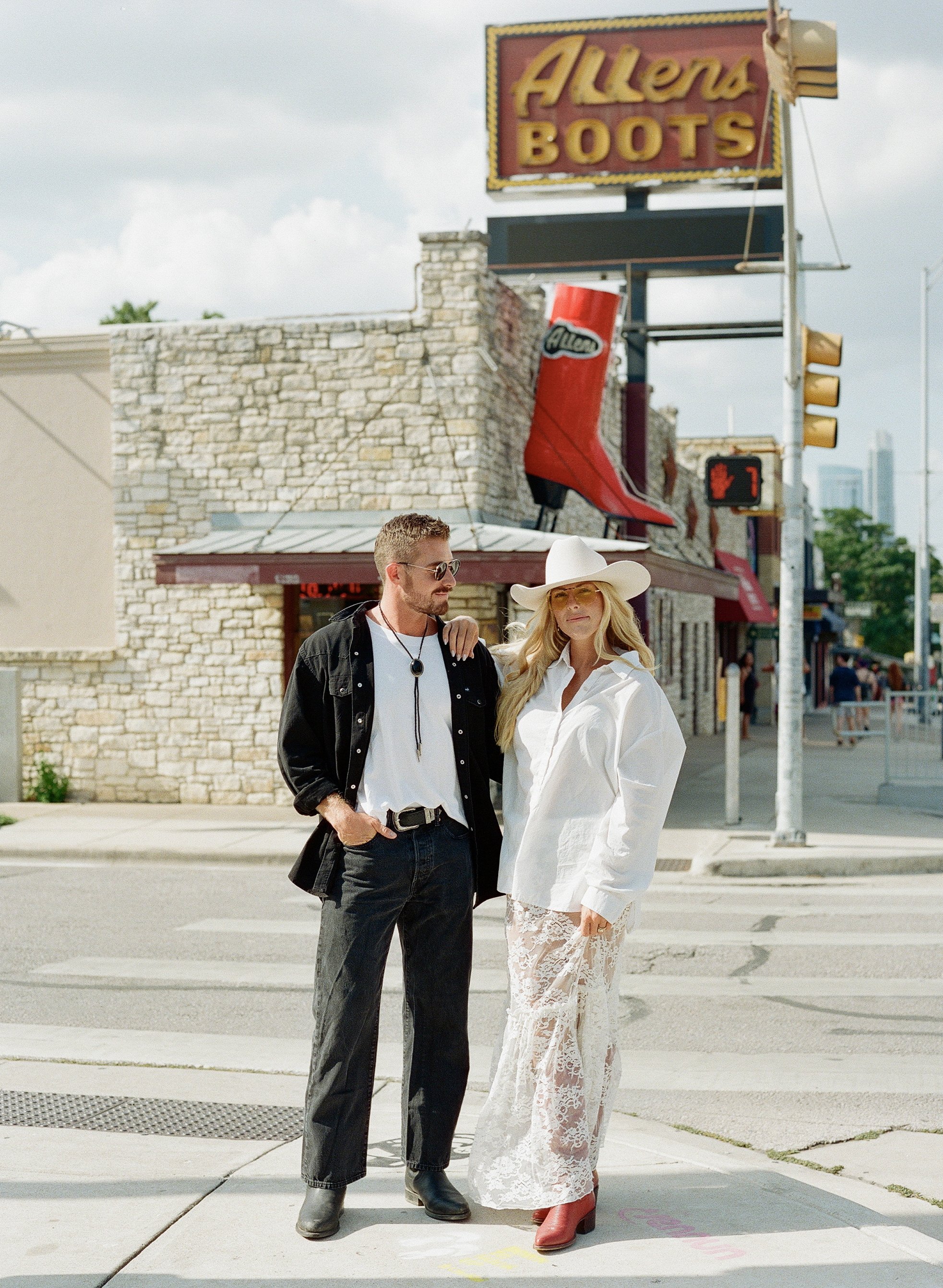 Western high fashion engagement session on South Congress, Austin Texas — Allen's Boots, Tecovas, editorial film photography by Lauren Nicole Photo